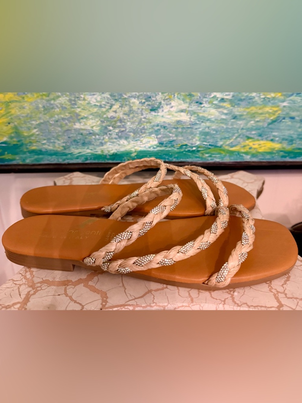 Fabio Maggenti Woven Tan Slide Sandals with Metallic Accent Straps - Women